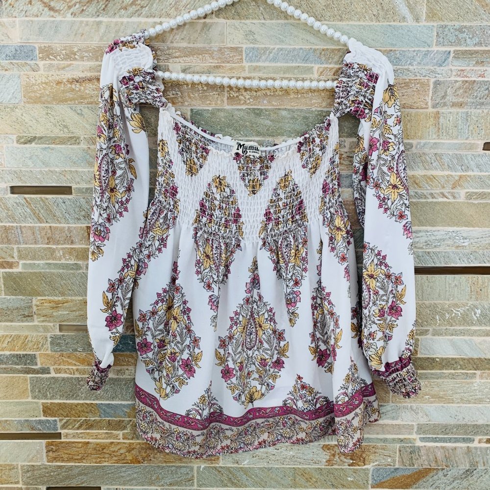 SHOW ME YOUR MUMU RAQUEL PAISLEY SMOCKED TOP SZ XS - Picture 6 of 7